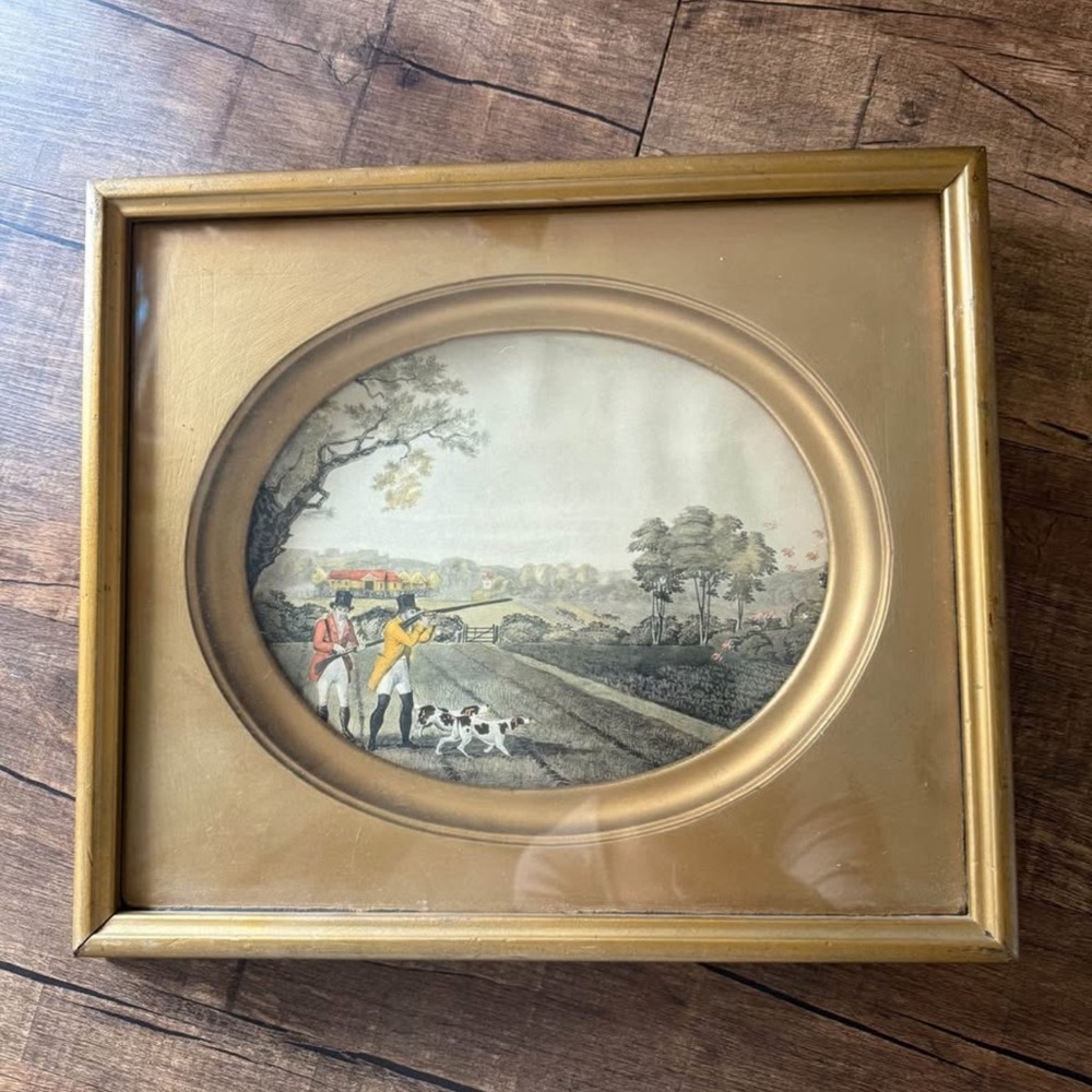 Edwardian Hunting Print Sketch Victorian Double Frame Oval Gold Victorian Art